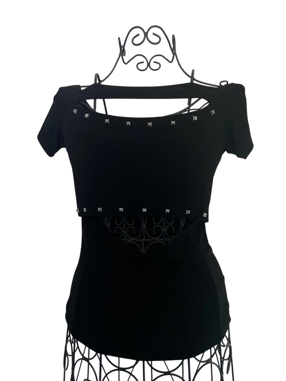 Handcrafted Black Stud-Trim Cut Out 2000s Women's Top - Picture 5 of 14